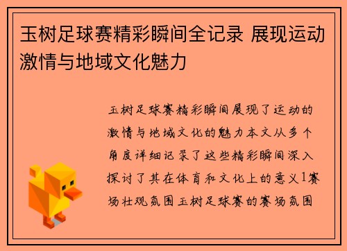 玉树足球赛精彩瞬间全记录 展现运动激情与地域文化魅力