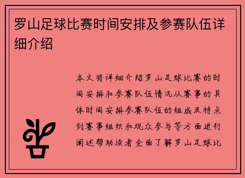 罗山足球比赛时间安排及参赛队伍详细介绍