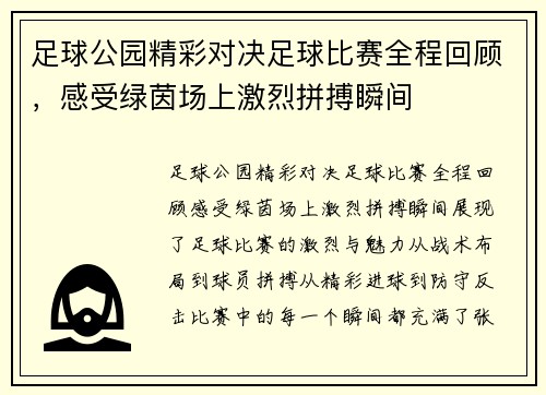 足球公园精彩对决足球比赛全程回顾，感受绿茵场上激烈拼搏瞬间