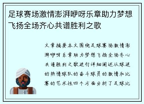 足球赛场激情澎湃咿呀乐章助力梦想飞扬全场齐心共谱胜利之歌