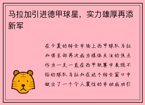 马拉加引进德甲球星，实力雄厚再添新军