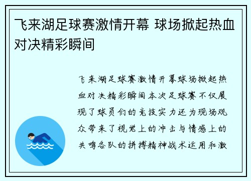 飞来湖足球赛激情开幕 球场掀起热血对决精彩瞬间