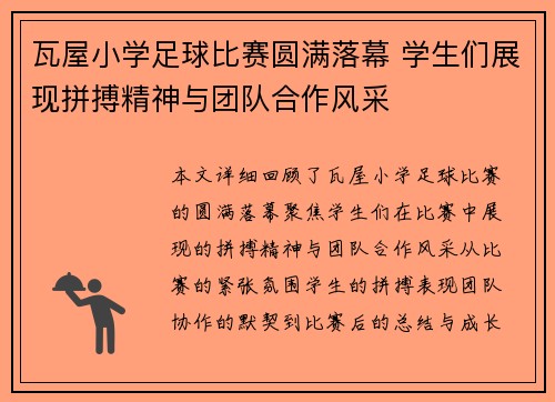 瓦屋小学足球比赛圆满落幕 学生们展现拼搏精神与团队合作风采
