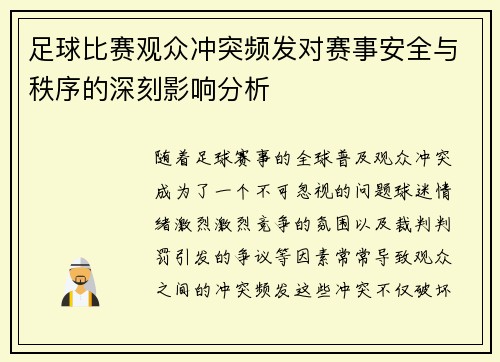 足球比赛观众冲突频发对赛事安全与秩序的深刻影响分析