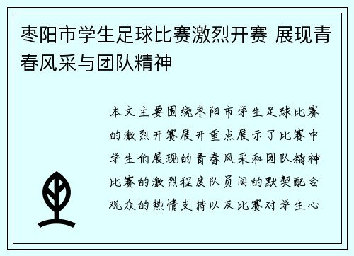 枣阳市学生足球比赛激烈开赛 展现青春风采与团队精神