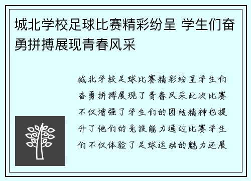 城北学校足球比赛精彩纷呈 学生们奋勇拼搏展现青春风采
