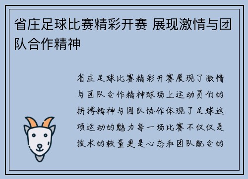 省庄足球比赛精彩开赛 展现激情与团队合作精神