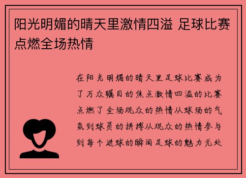 阳光明媚的晴天里激情四溢 足球比赛点燃全场热情
