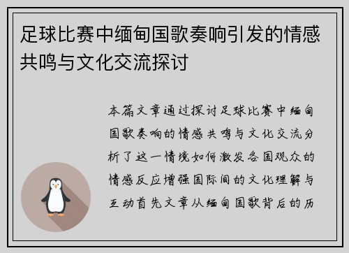 足球比赛中缅甸国歌奏响引发的情感共鸣与文化交流探讨