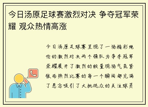 今日汤原足球赛激烈对决 争夺冠军荣耀 观众热情高涨