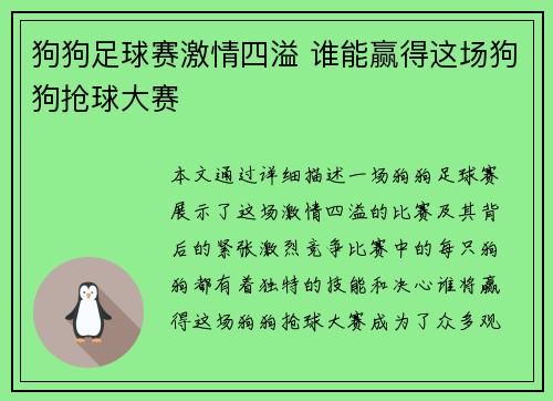 狗狗足球赛激情四溢 谁能赢得这场狗狗抢球大赛