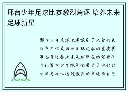 邢台少年足球比赛激烈角逐 培养未来足球新星