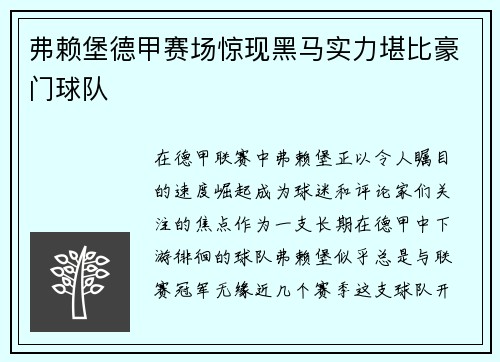 弗赖堡德甲赛场惊现黑马实力堪比豪门球队