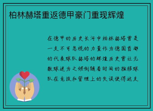 柏林赫塔重返德甲豪门重现辉煌