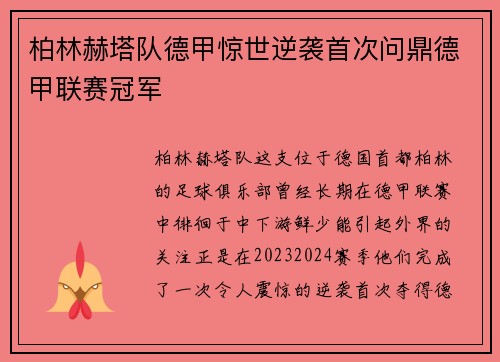 柏林赫塔队德甲惊世逆袭首次问鼎德甲联赛冠军