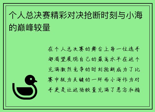 个人总决赛精彩对决抢断时刻与小海的巅峰较量