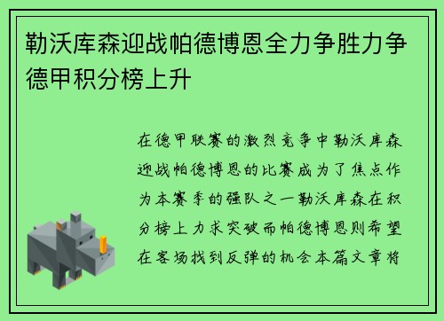 勒沃库森迎战帕德博恩全力争胜力争德甲积分榜上升