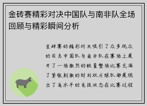金砖赛精彩对决中国队与南非队全场回顾与精彩瞬间分析