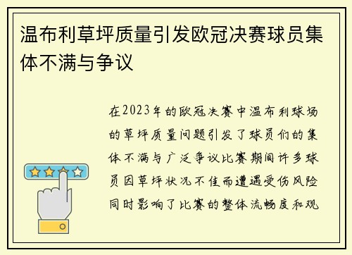 温布利草坪质量引发欧冠决赛球员集体不满与争议