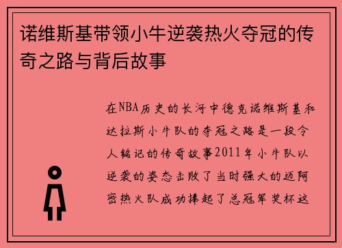 诺维斯基带领小牛逆袭热火夺冠的传奇之路与背后故事