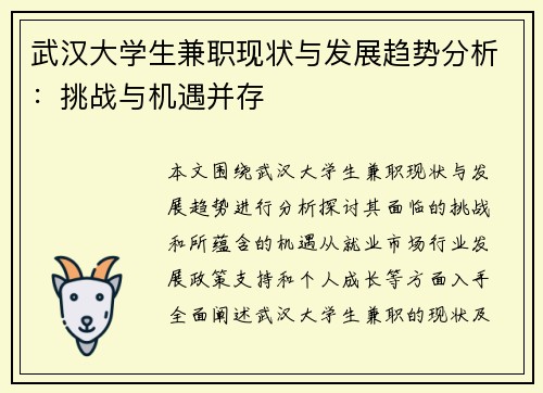 武汉大学生兼职现状与发展趋势分析：挑战与机遇并存