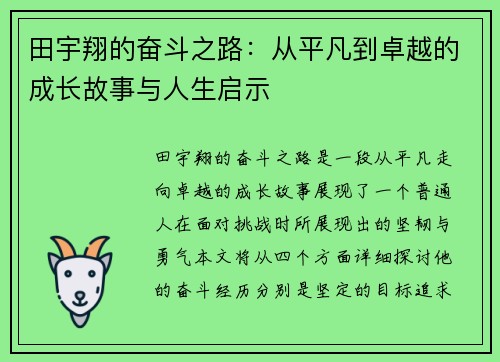 田宇翔的奋斗之路：从平凡到卓越的成长故事与人生启示