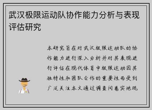 武汉极限运动队协作能力分析与表现评估研究