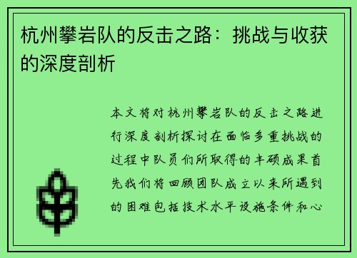 杭州攀岩队的反击之路：挑战与收获的深度剖析