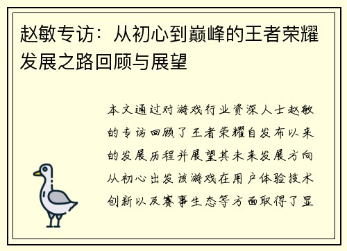 赵敏专访：从初心到巅峰的王者荣耀发展之路回顾与展望