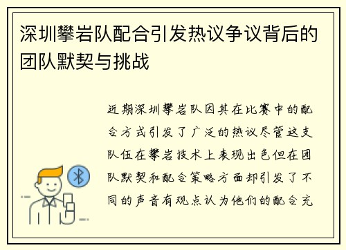 深圳攀岩队配合引发热议争议背后的团队默契与挑战